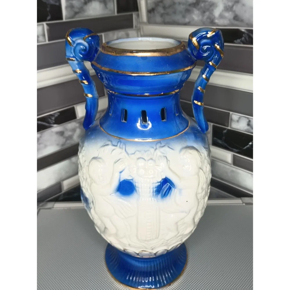 Vintage Cobalt Blue Cherub Angel Porcelain Urn Vase Gold Trim Handles Ceramic